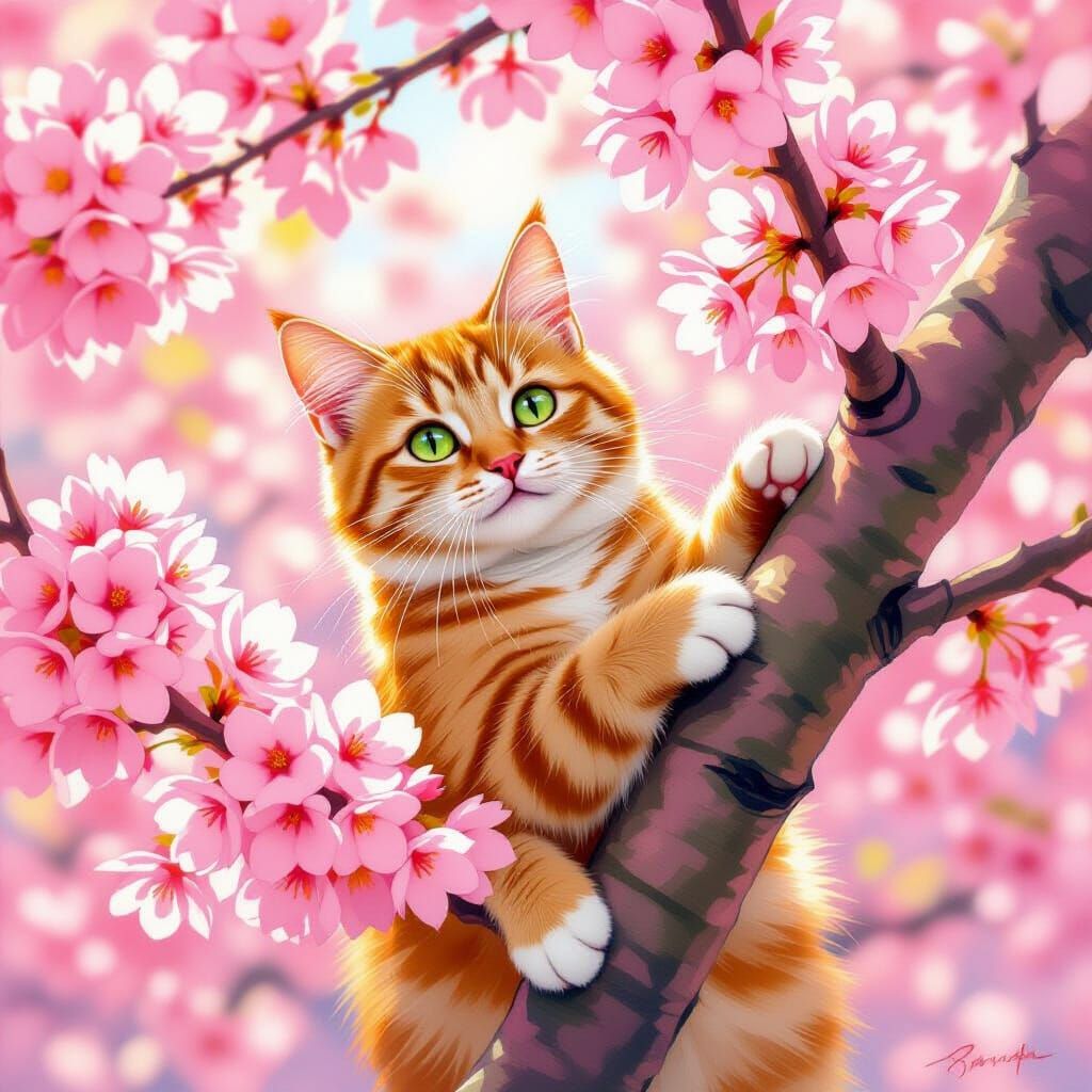 Ginger Cat Climbs Cherry Blossom Tree in Impressionist Style