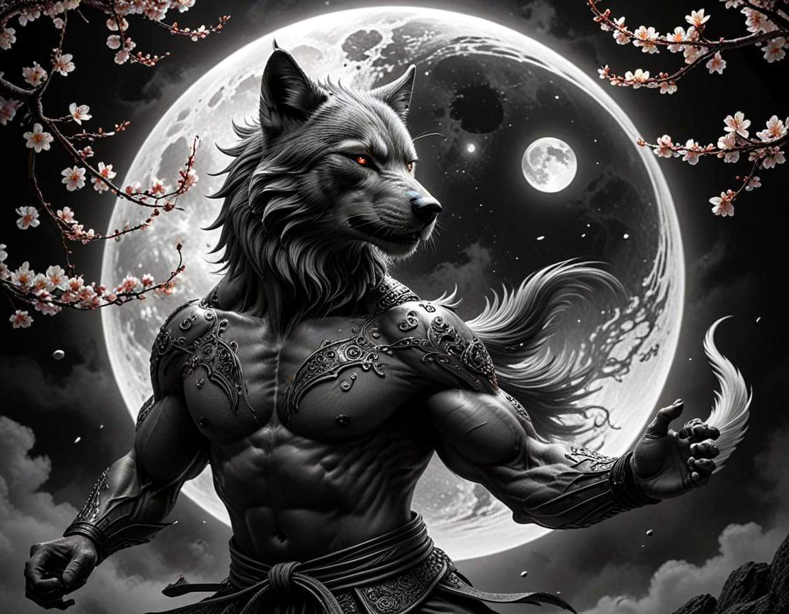 Ethereal Wolf Karate Master in Graphite Pencil Style