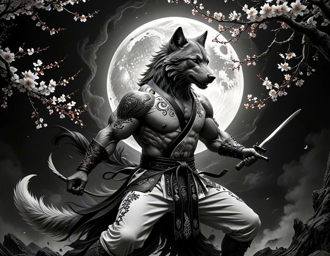 Ethereal Wolf Karate Master in Graphite Pencil Style