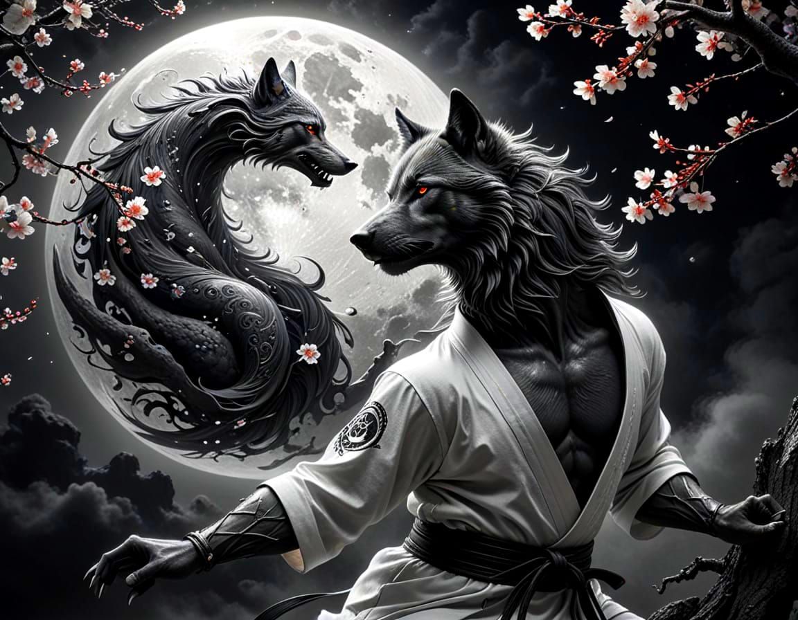 Ethereal Wolf Karate Master in Graphite Pencil Style