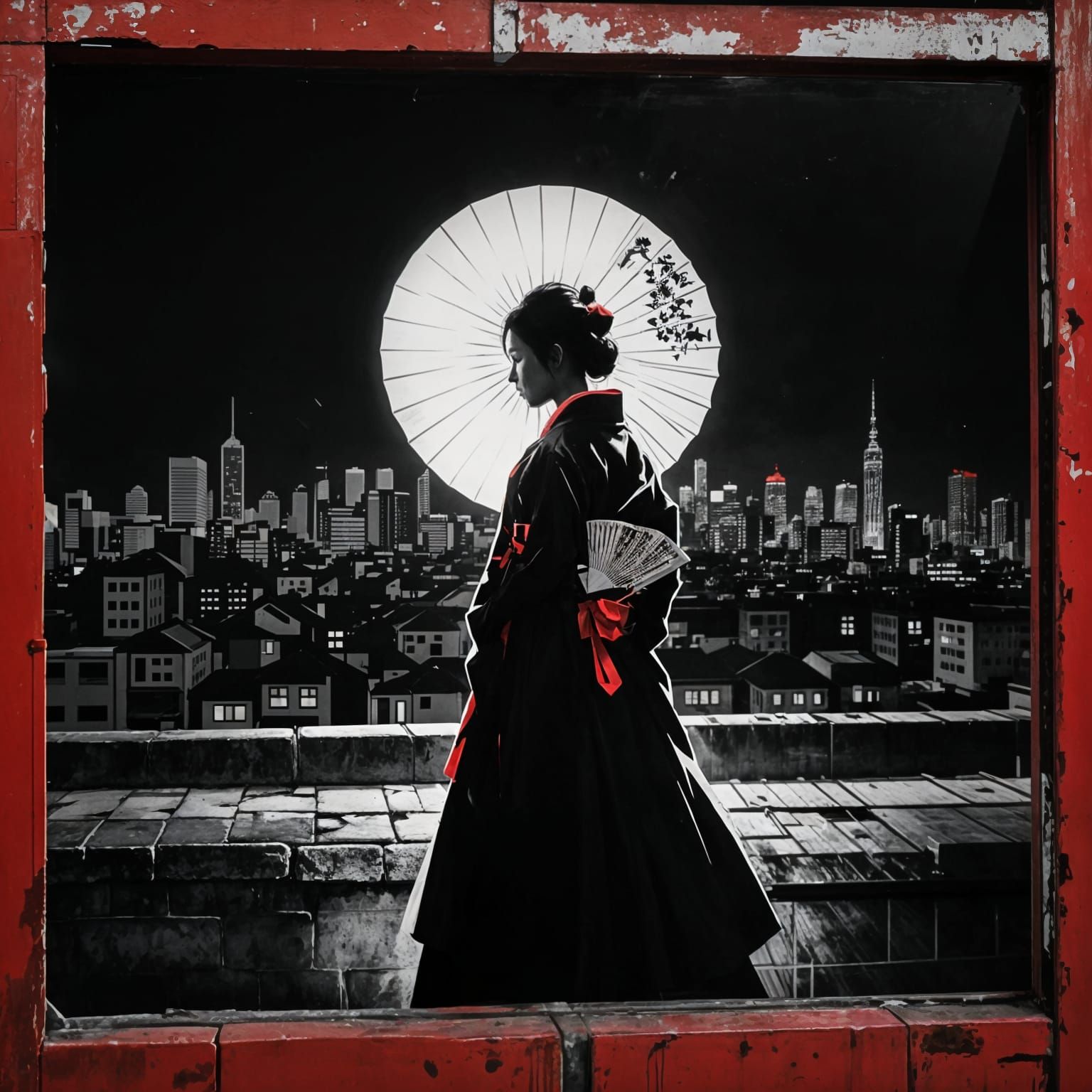 Minimalist Silhouette of Asian Woman with Fan