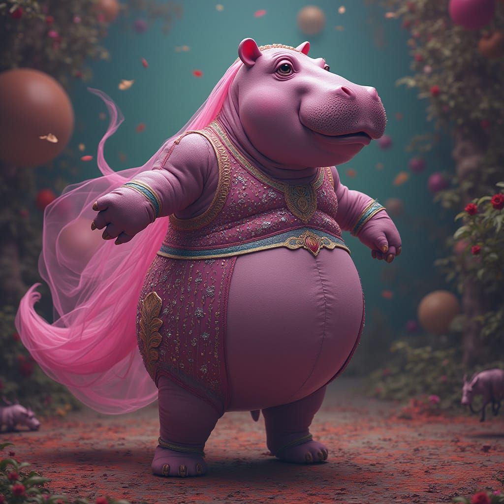 Dancing Hippo in Sparkling Costume, Digital Art