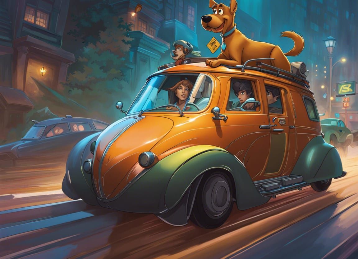Scooby Doo is driving a flying car