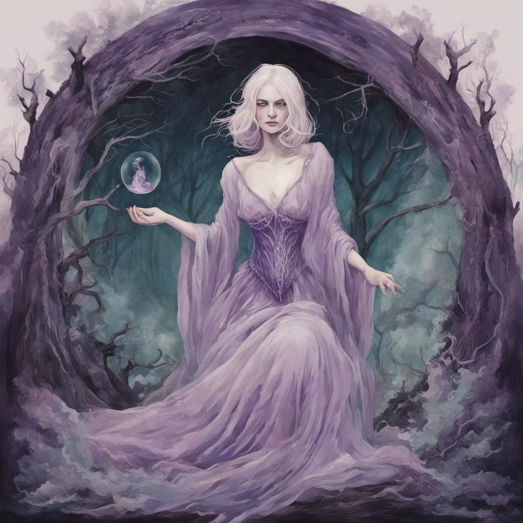 Amethyst Witch Brewing Spells in Misty Forest