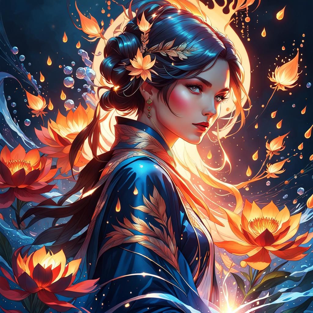 Midnight Woman with Fire and Water Outlines