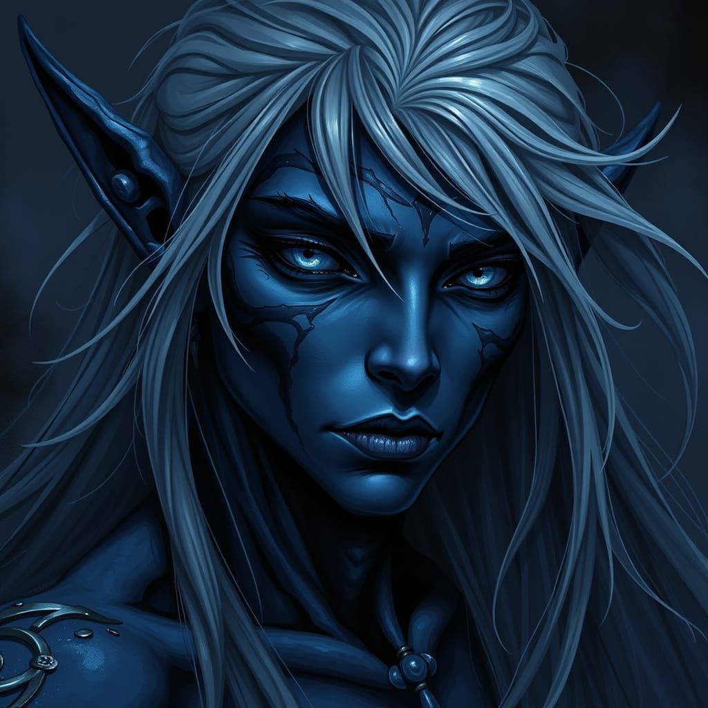 Drow Elf with Midnight Blue Skin and Moonlight Hair