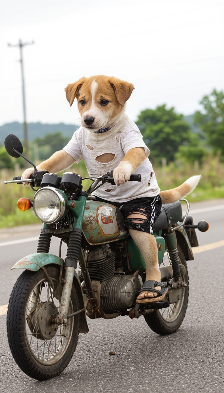 Innocent Puppy Rides Worn Motorbike in Torn Clothes