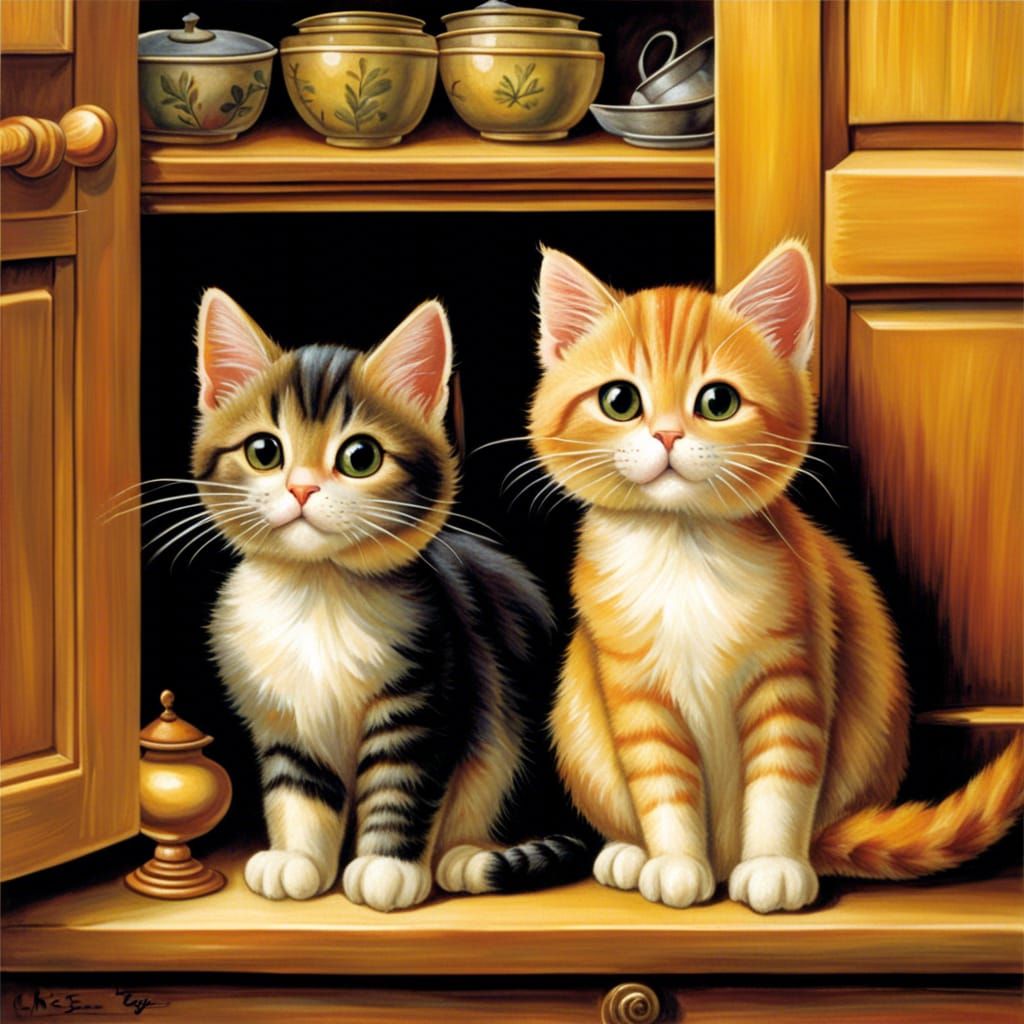 Whimsical Cats in a Kitchen Cupboard