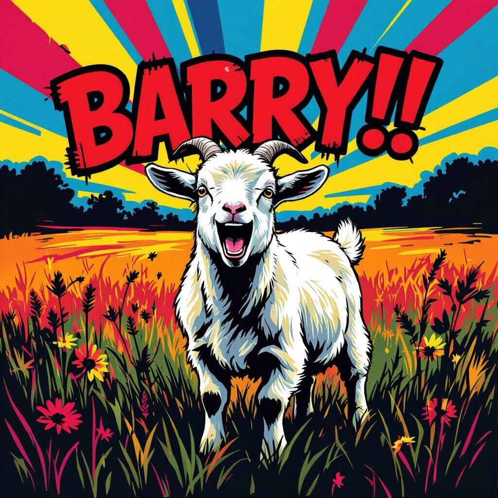 Goat Screaming 'Barry!!!!' in Vibrant Pop Art Style