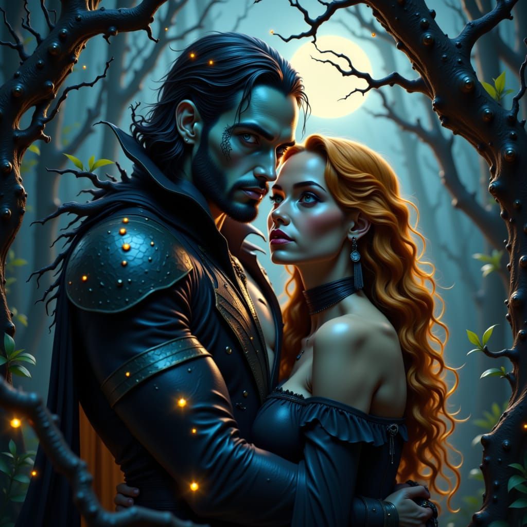 Vampire's Embrace in Enchanted Forest: Neon Noir Fantasy
