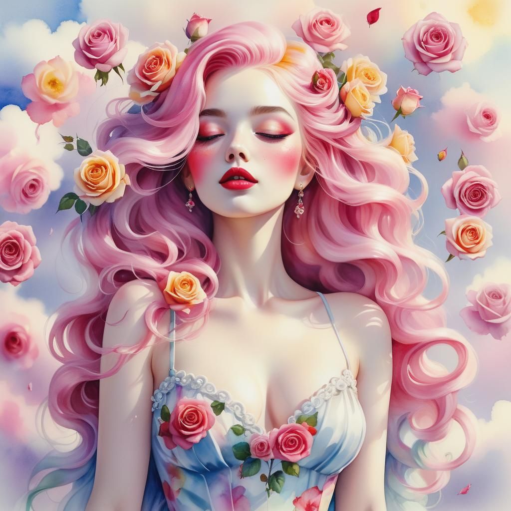 Girl with Rose Petal Dress in Watercolour Style