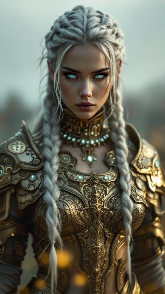 Majestic Silver-Braided Warrior in Golden Armor