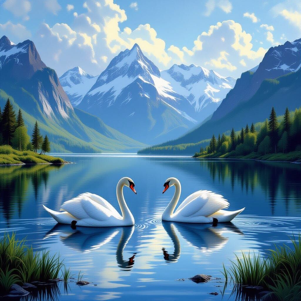 Majestic Swans on Serene Lake with Mountain Range