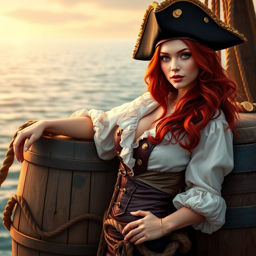 Romantic Pirate Maiden with Long Red Hair and Golden Accents