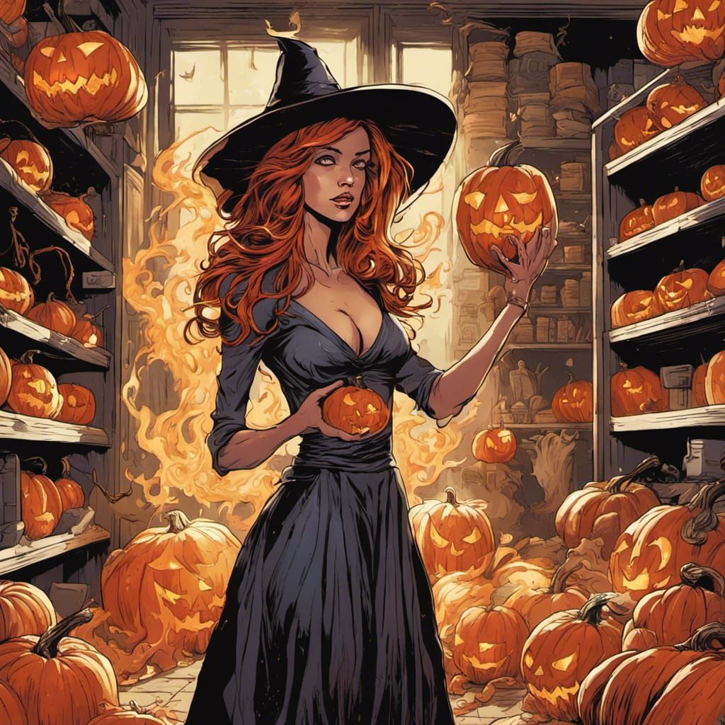 Comic Book Witch with Flaming Pumpkins
