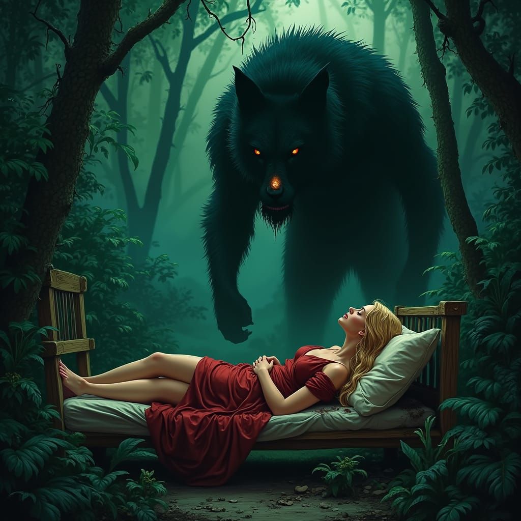 Mysterious Jungle Goddess Haunted by a Dark, Humanoid Wolf