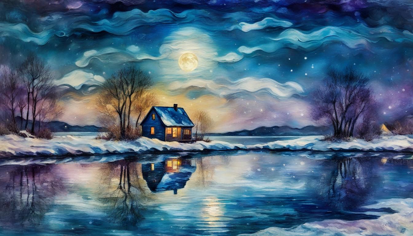 Winter Lake House Under Starry Sky, Encaustic Art