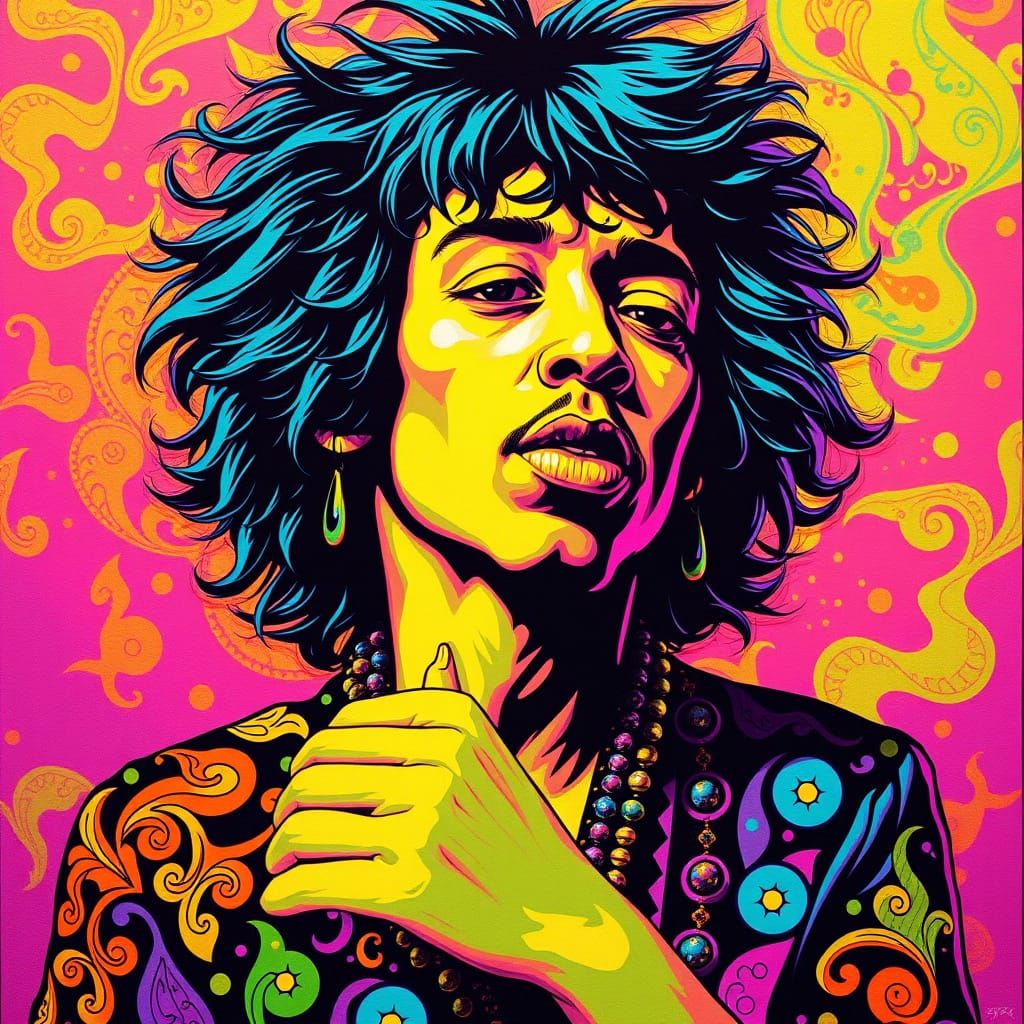 Psychedelic Jimi Hendrix Dayglo Black Velvet Poster Art