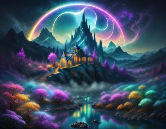 Rainbow Bridge Across Misty Valley: Surreal Oil Painting