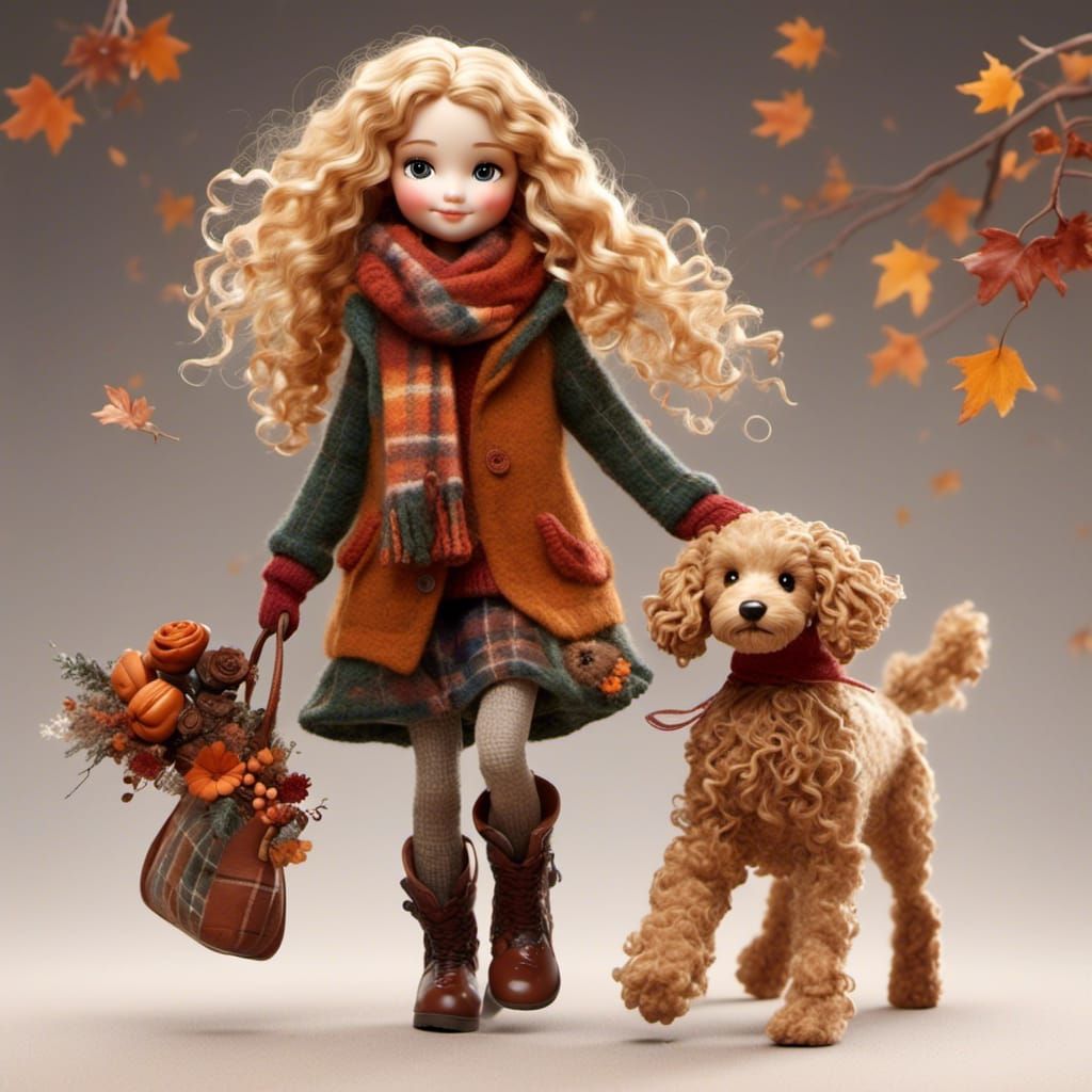 Girl with Flowers in Hair and Puppy