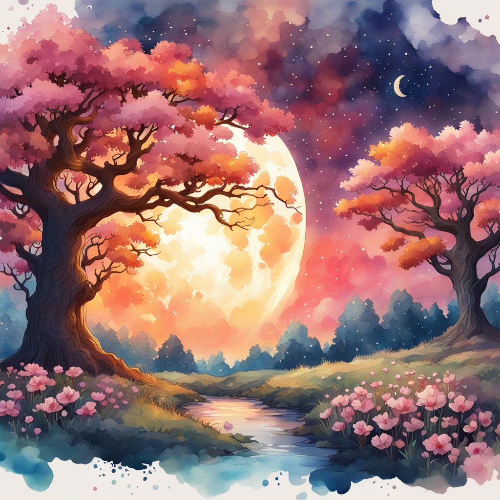 Watercolor Sunset: Moonlit Oak Tree in Bloom