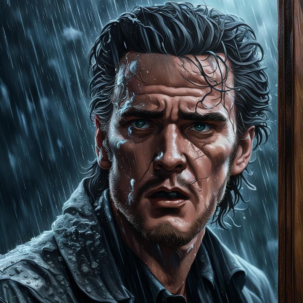 Elvis closeup of his face looking into a mirror and seeing his own ghost,in a terrible wind and rain storm ,his hair blo...