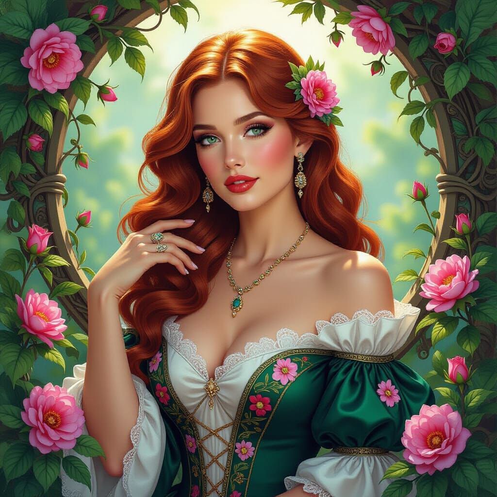 Ethereal Redhead in Floral Attire: Art Nouveau Style