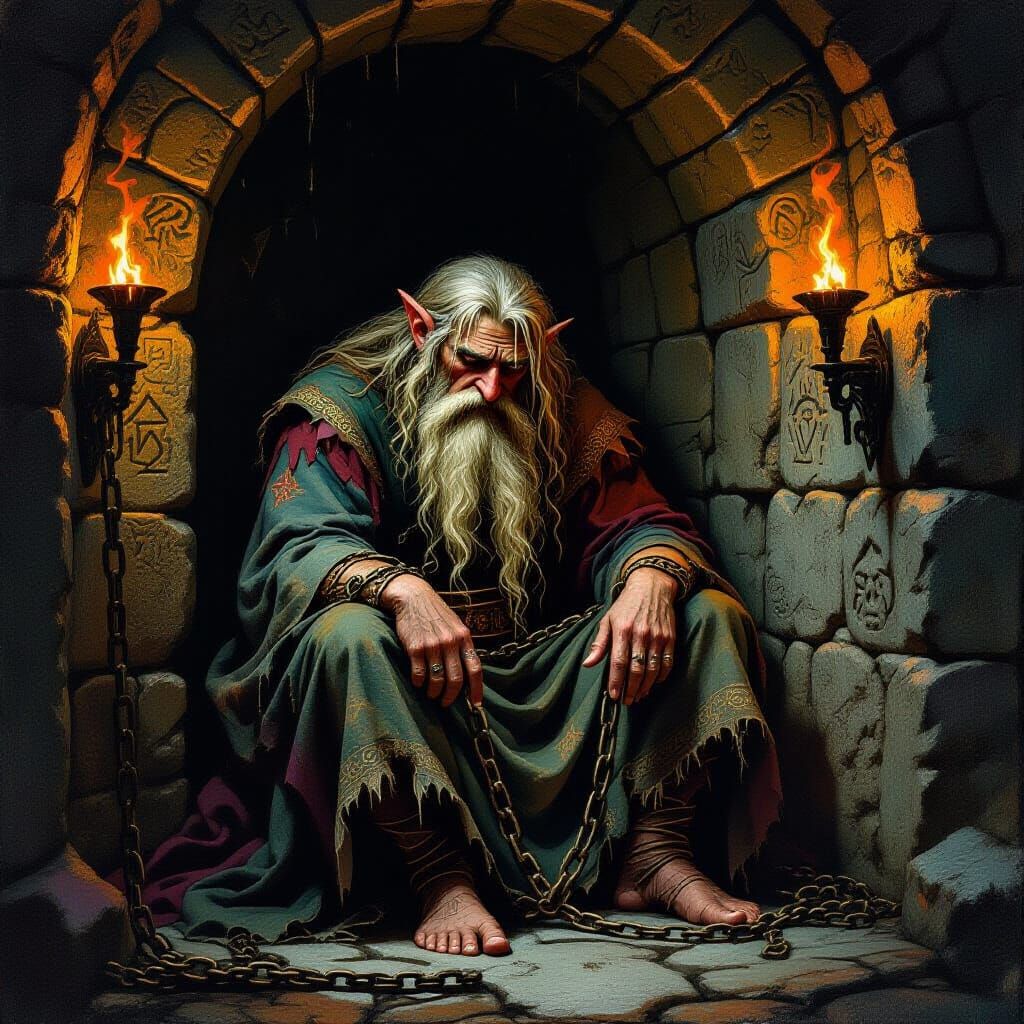 “A troll prince bound in enchanted chains in a cavern prison...