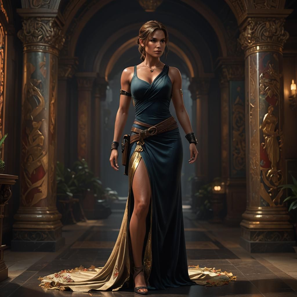 Lara Croft Portrait in Gilded Evening Gown