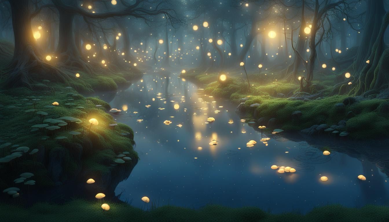 Serene Forest with Fireflies: Fantastical Realism