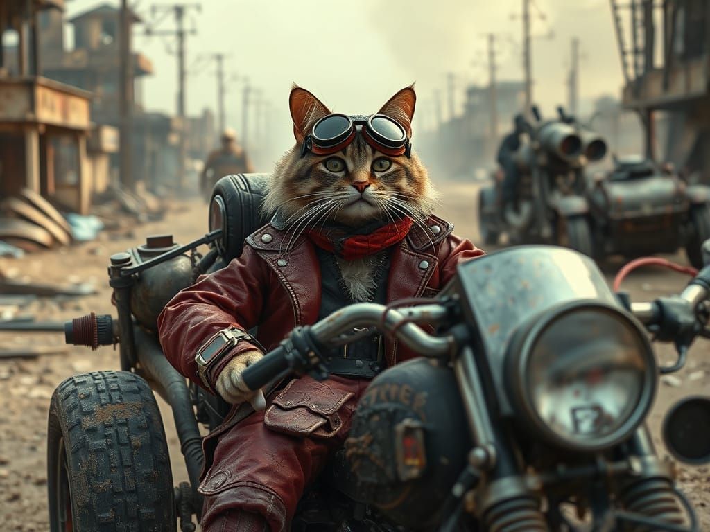 Cyberpunk Cat Warrior in Post-Apocalyptic Wasteland