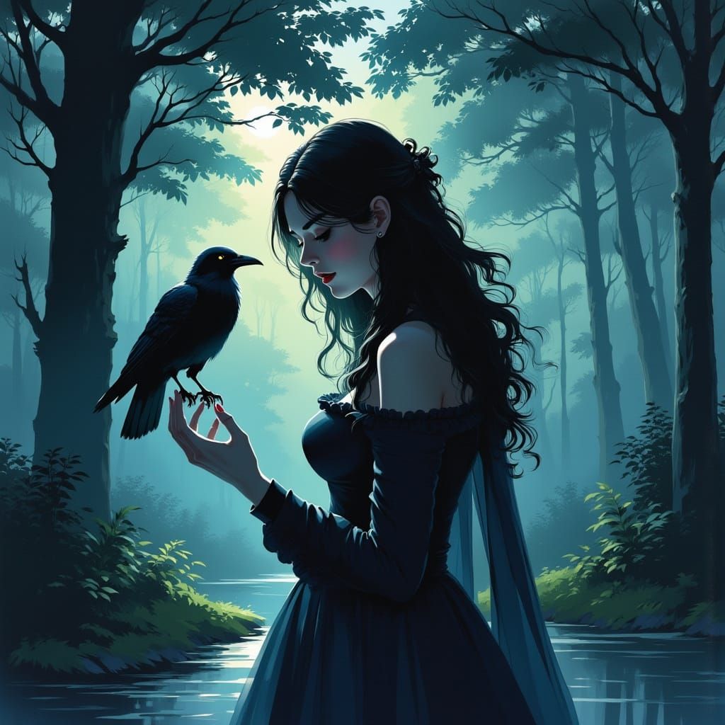 Lady With Raven in Cool Forest Watercolor Painting