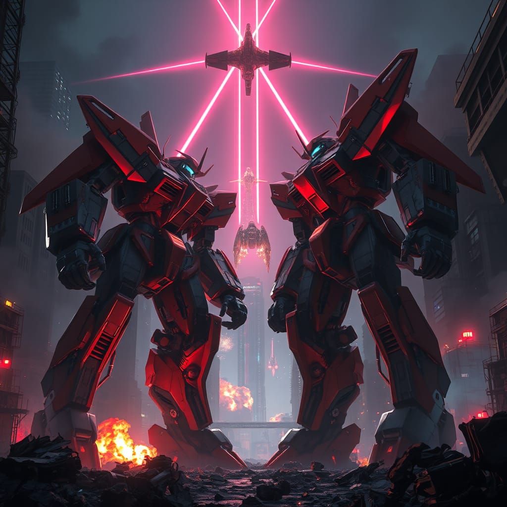 Epic Mecha Battle in Dystopian Cityscape