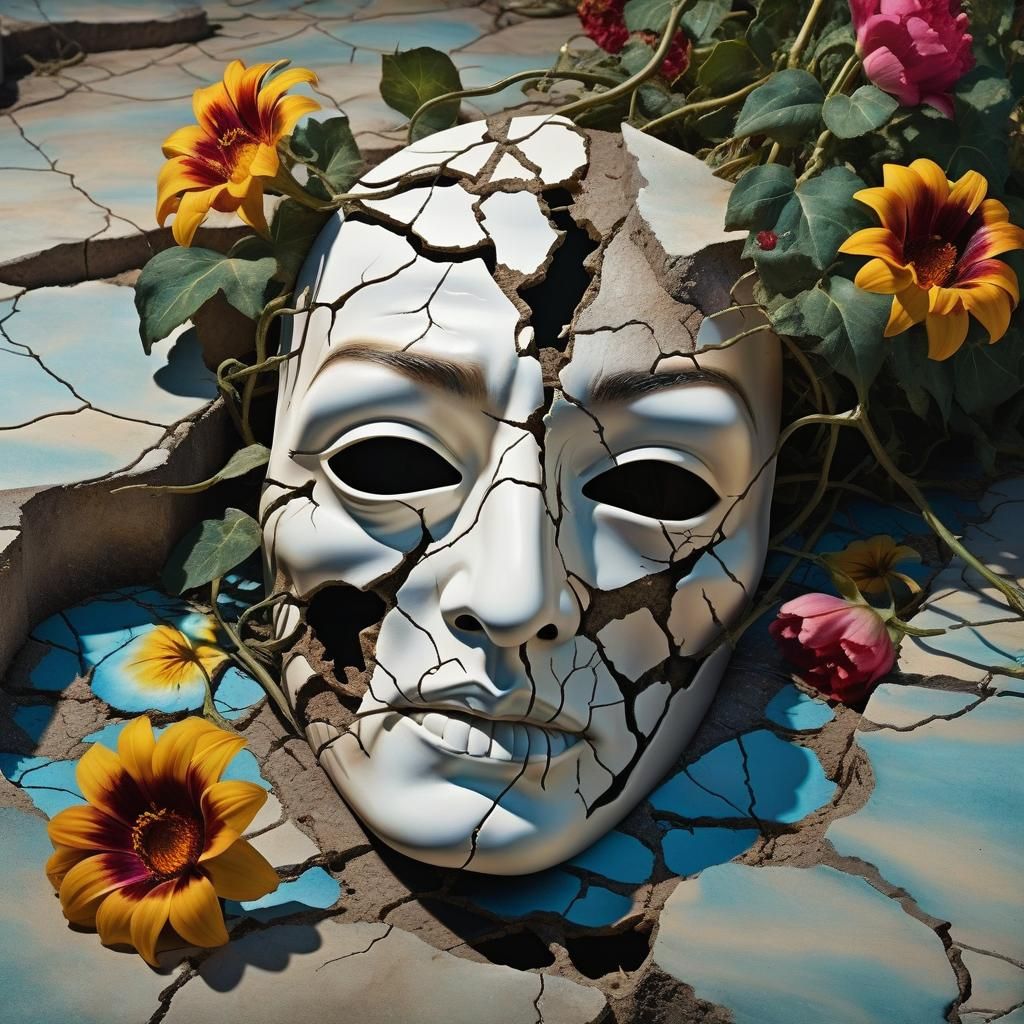 Surreal Flowers Bloom Through a Cracked Mask