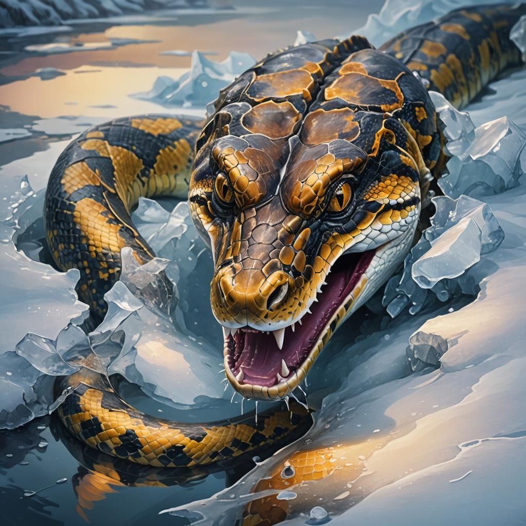 Python Emerges from Frozen Lake in Vibrant Oil Painting