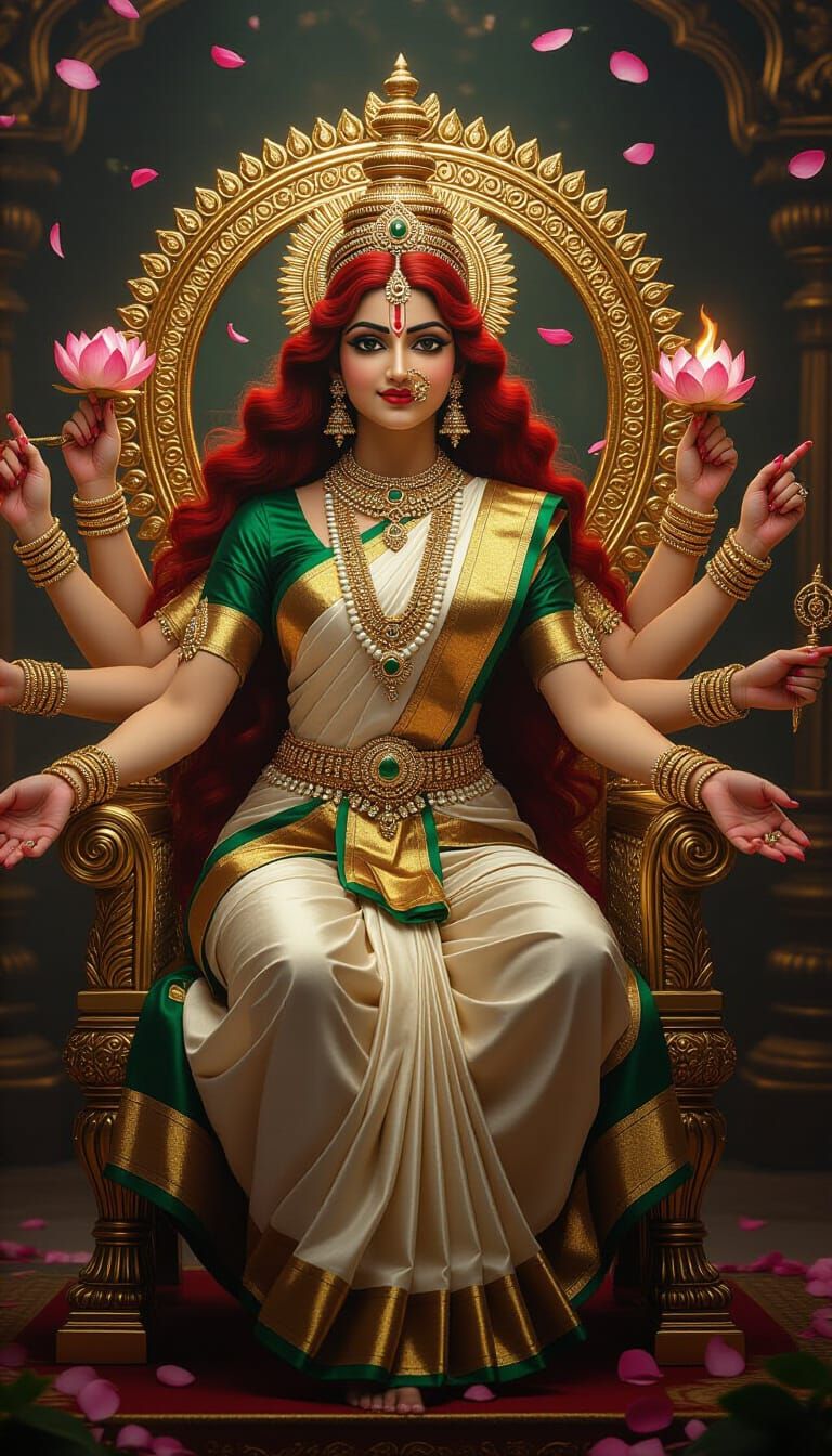 Indian Goddess with Emerald Sari and Golden Throne