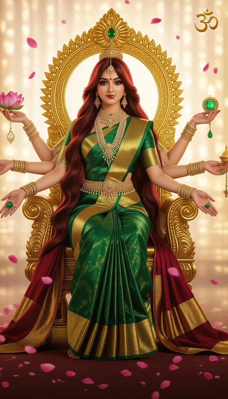 Majestic Indian Goddess on Golden Throne: Cinematic Portrait