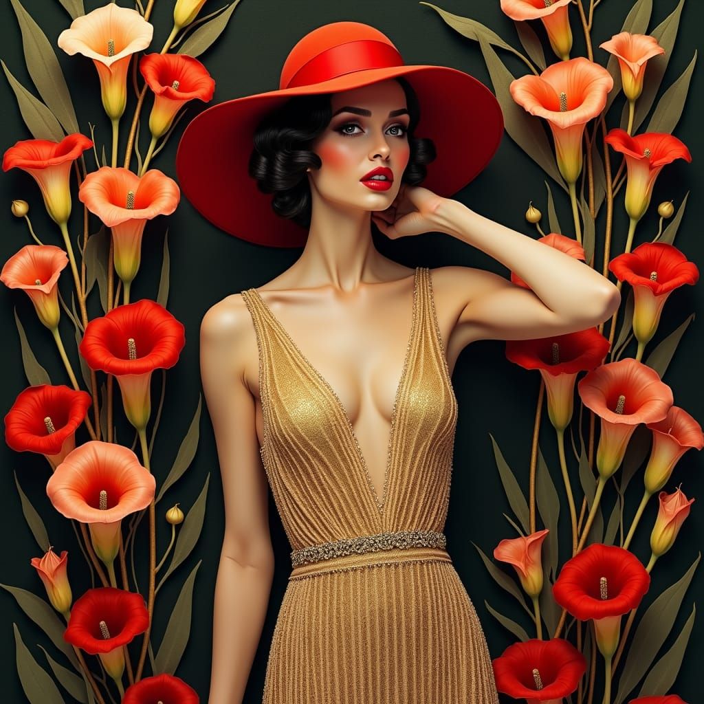 Art Deco Woman in Red Hat and Golden Gown