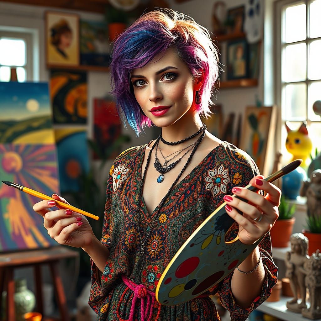 Bohemian Artist in Colorful Studio: Art Nouveau Portrait