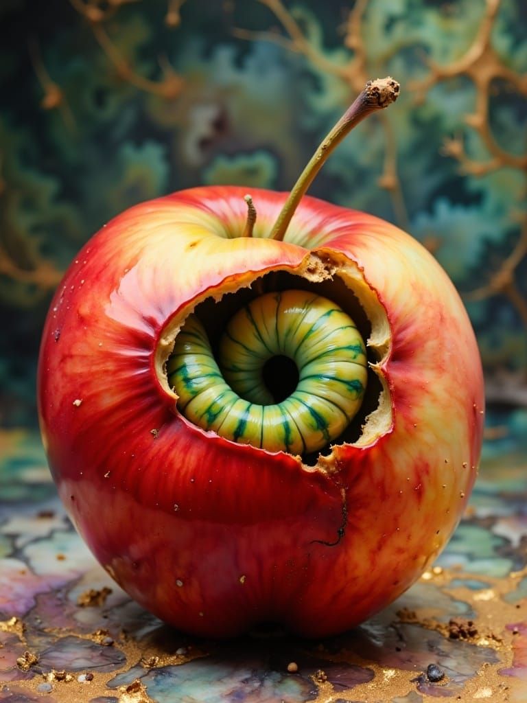 Emerald Worm Emerges from Red Apple: Cinematic Still