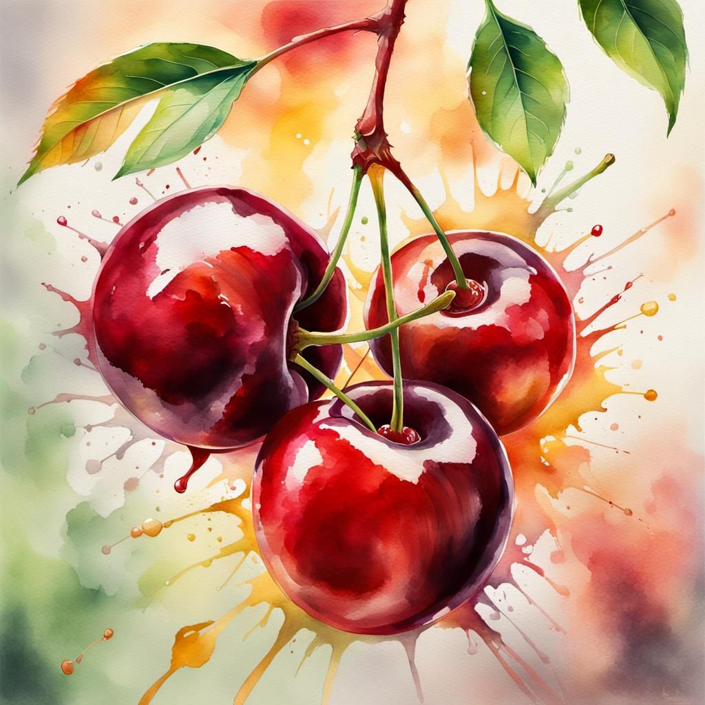 Hyper-Realistic Watercolor Cherries Splash Art