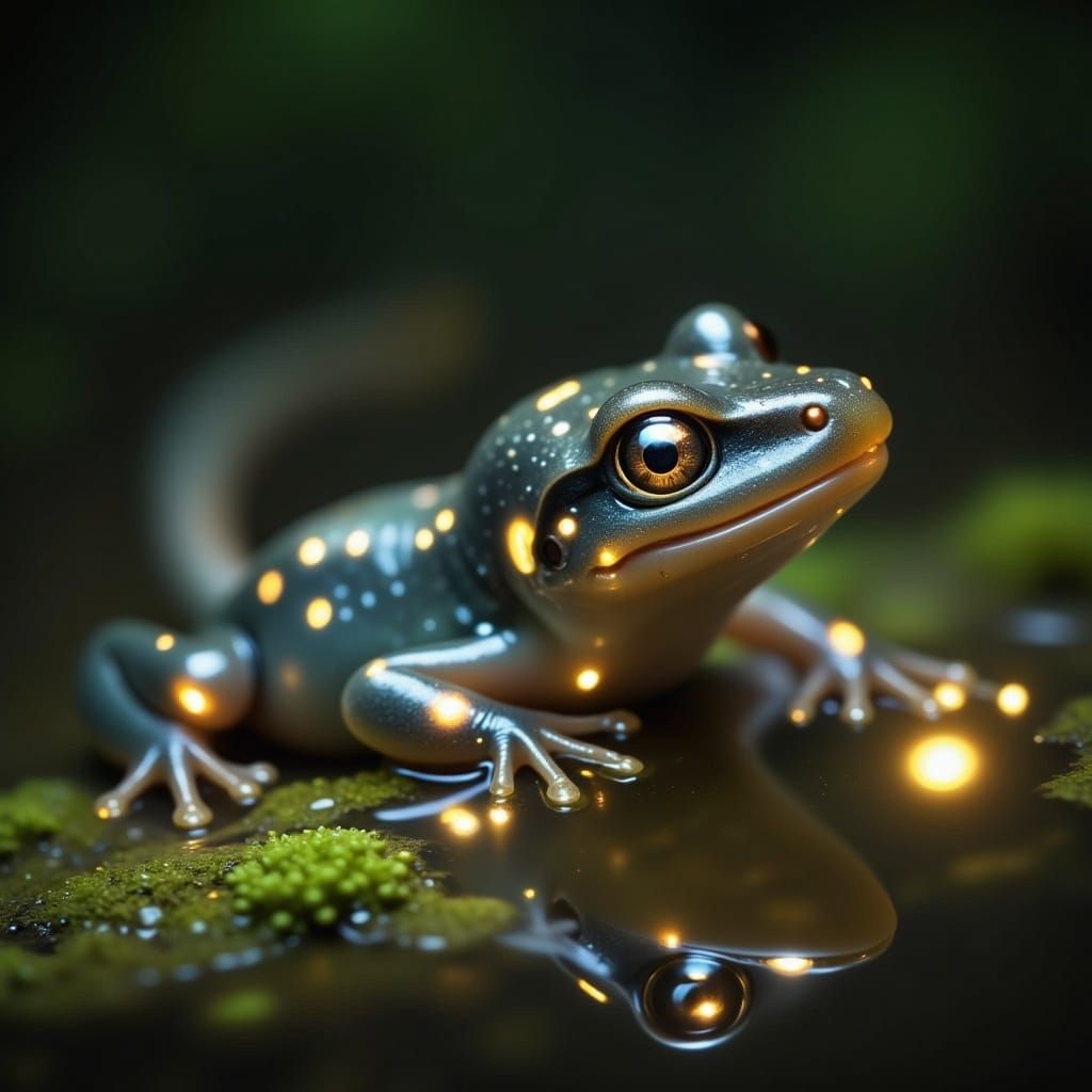 Cute Salamander with Shining Eyes and Fairy Lights