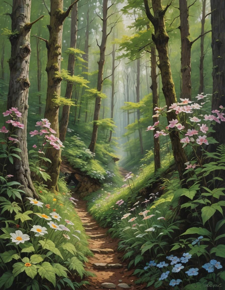 Forest Path with Flowers: An Oil Painting