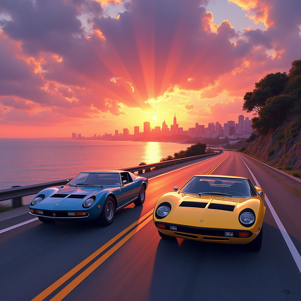 Lamborghini Miura Races into a Sunset Dreamscape