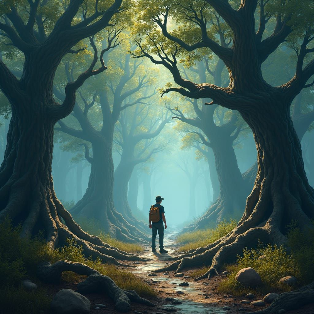 Mystical Forest Traveler in Detailed Matte Painting