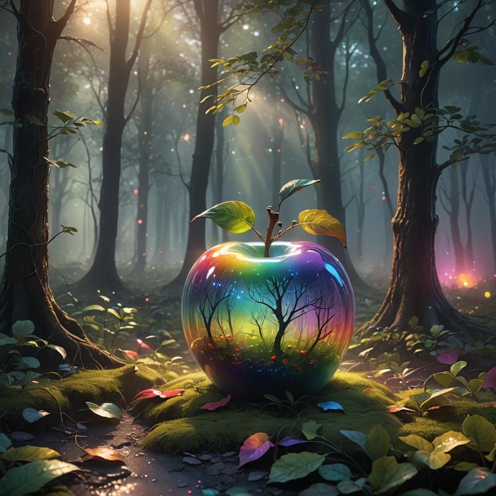 Rainbow Glass Apple in Mystical Forest