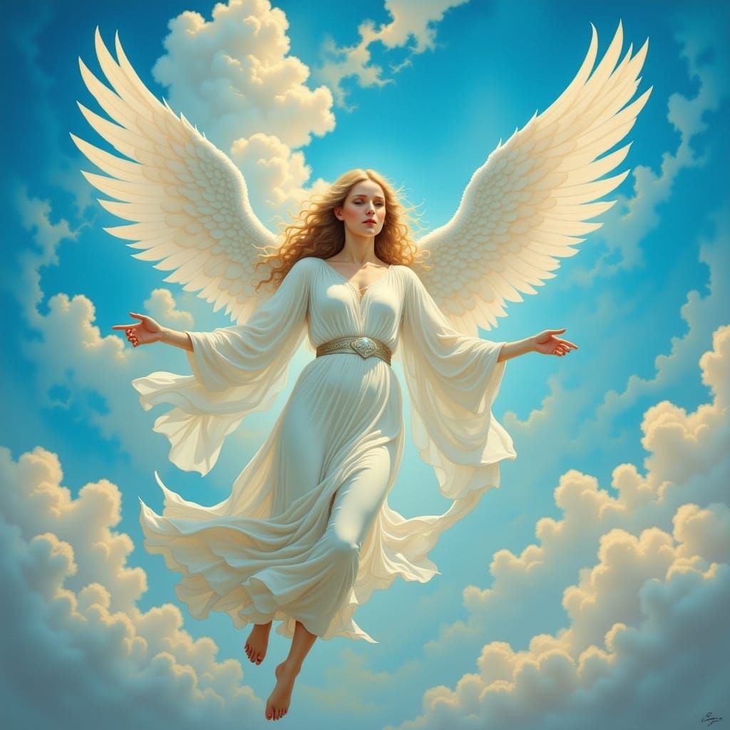 Angelic Flight in Dreamy Art Nouveau Style