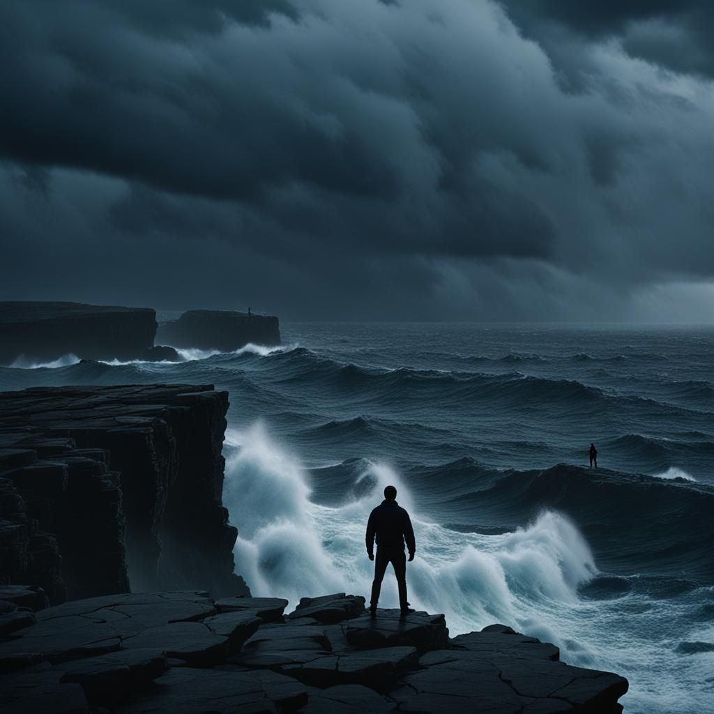 Dark Figure Stands at Cliff's Edge, Stormy Sea Below