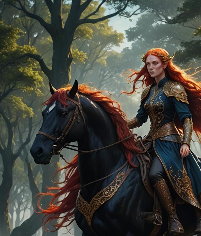 female elf with long red hair and blue eyes riding across a ...
