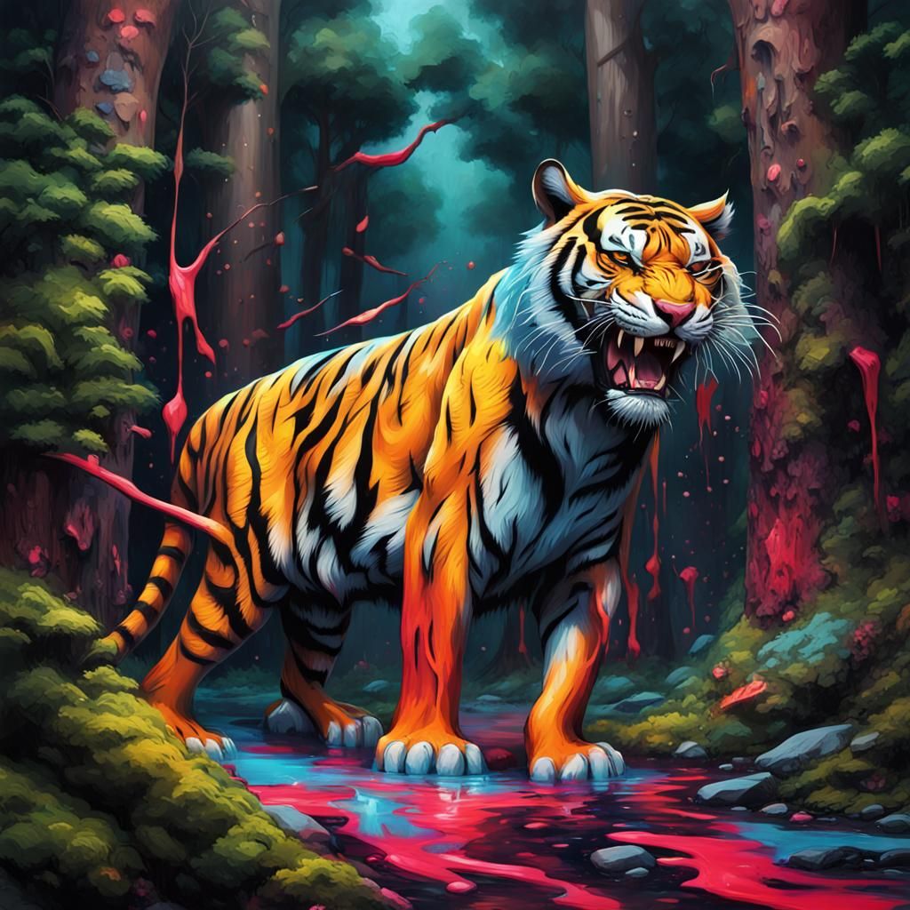 Vibrant 3D Tiger Roaring in Dark Fantasy Forest